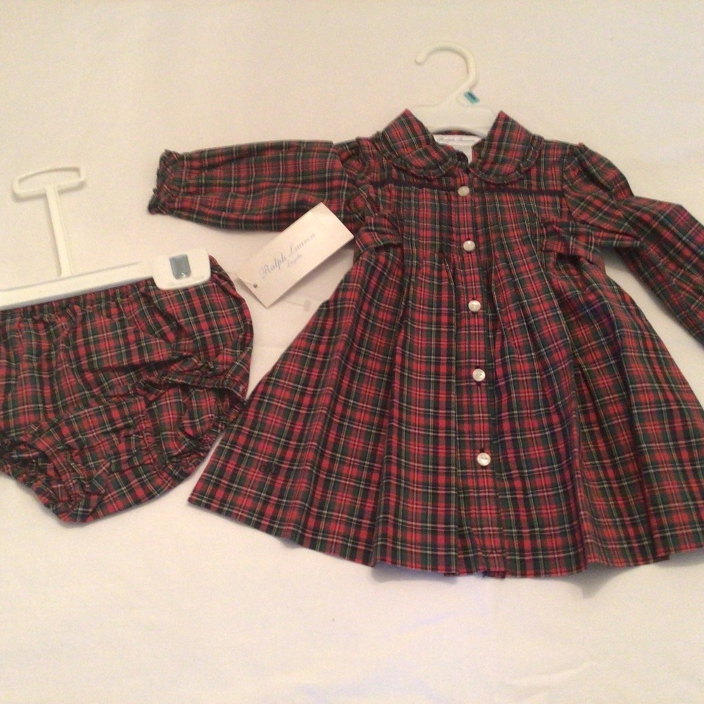 Ralph Lauren infant (6 mos) two piece dress tartan pattern NEW 100% cotton XMAS!